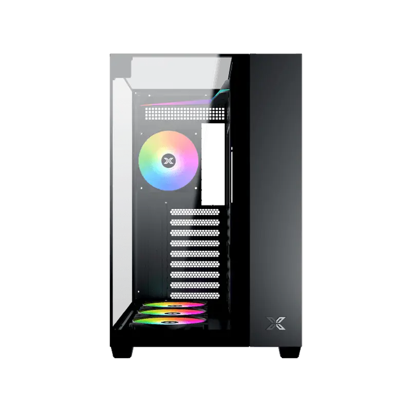  Frontal de la caja Xigmatek Aqua V negra con un panel de vidrio y ventiladores RGB
