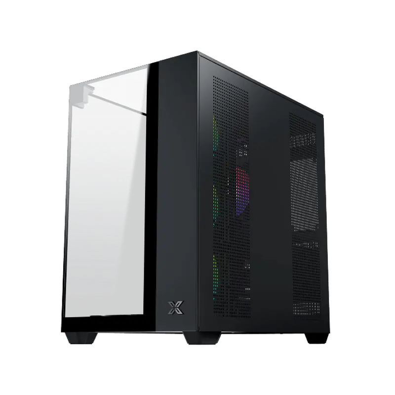  Lateral de la caja Xigmatek Aqua V negra con un panel de vidrio templado